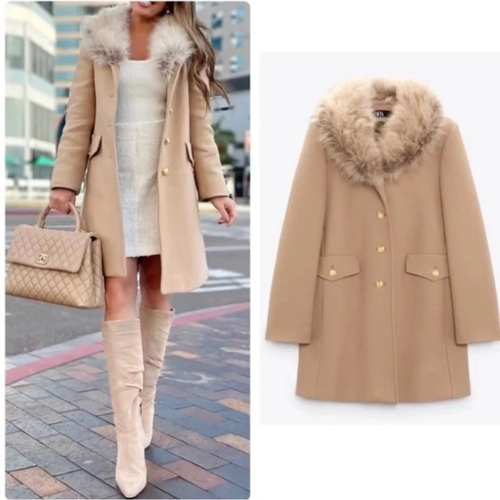 Zara Wool Blend Mid Length Coat Size M Faux Fur Removable Collar Camel Tan - Picture 17 of 17